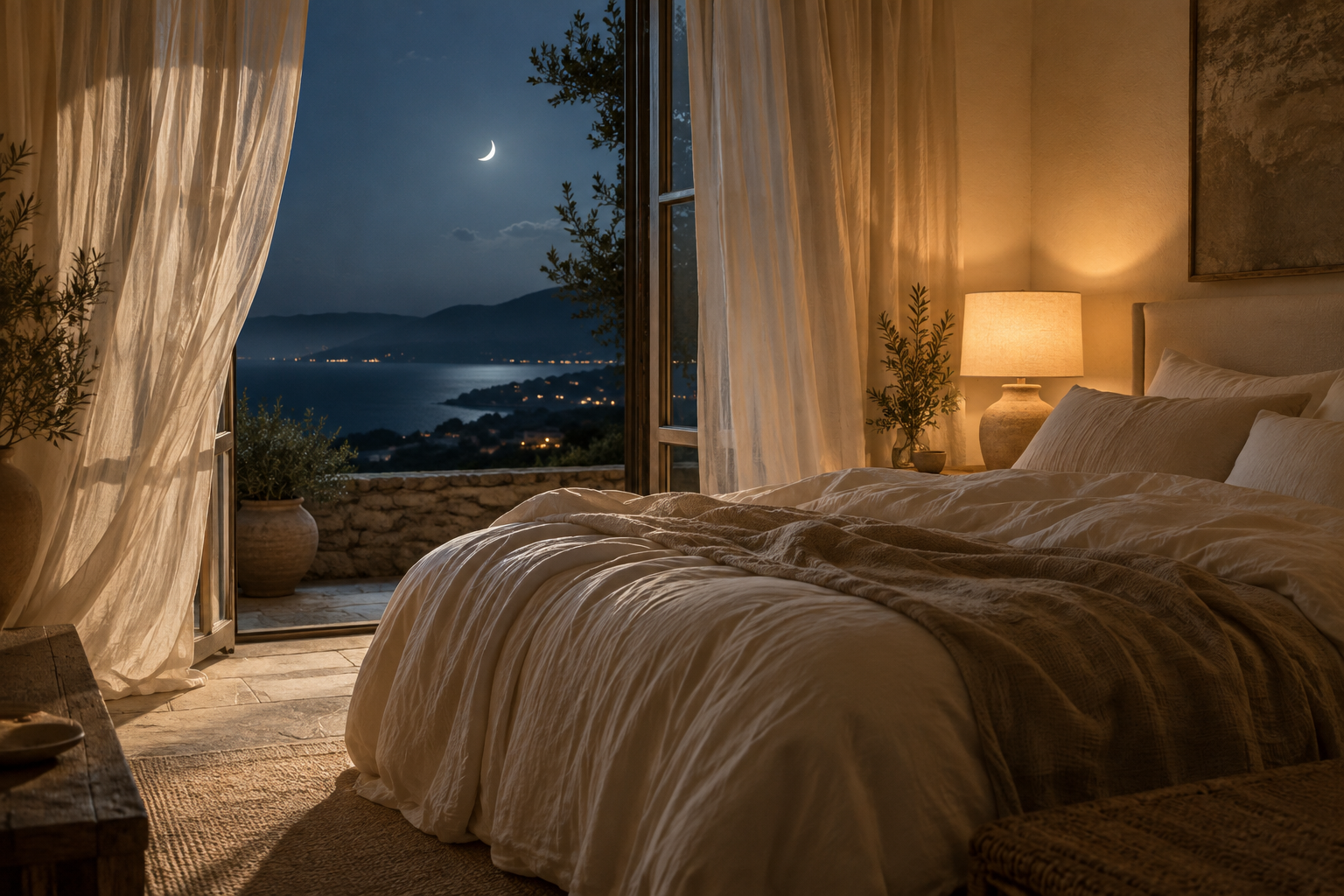 Une chambre paisible ouverte sur le ciel nocturne.
